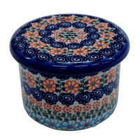 A picture of a Polish Pottery Butter Crock (Zany Zinnia) | NDA344-35 as shown at PolishPotteryOutlet.com/products/butter-crock-zany-zinnia-nda344-35