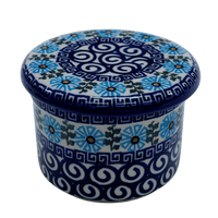 A picture of a Polish Pottery Butter Crock (Blue Daisy Spiral) | NDA344-38 as shown at PolishPotteryOutlet.com/products/butter-crock-blue-daisy-spiral-nda344-38