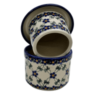 A picture of a Polish Pottery Butter Crock (Blue Lattice) | NDA344-6 as shown at PolishPotteryOutlet.com/products/butter-crock-blue-lattice-nda344-6