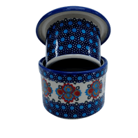 A picture of a Polish Pottery Butter Crock (Polish Bouquet) | NDA344-82 as shown at PolishPotteryOutlet.com/products/butter-crock-polish-bouquet-nda344-82