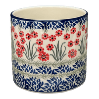 A picture of a Polish Pottery CA 4.75" Flower Pot (Red Aster) | A361-1435X as shown at PolishPotteryOutlet.com/products/4-75-flower-pot-red-aster-a361-1435x