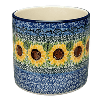 A picture of a Polish Pottery CA 4.75" Flower Pot (Sunflowers) | A361-U4739 as shown at PolishPotteryOutlet.com/products/4-75-flower-pot-sunflowers-a361-u4739