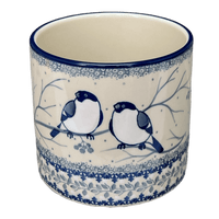 A picture of a Polish Pottery CA 4.75" Flower Pot (Bullfinch on Blue) | A361-U4830 as shown at PolishPotteryOutlet.com/products/4-75-flower-pot-bullfinch-on-blue-a361-u4830