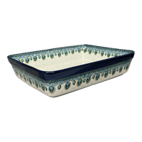 A picture of a Polish Pottery CA Lasagna Pan (Peacock Plume) | A406-2218X as shown at PolishPotteryOutlet.com/products/10-25-x-12-75-deep-dish-lasagna-pan-peacock-plume-a406-2218x