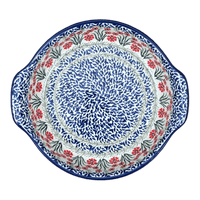 A picture of a Polish Pottery CA 10.25" Round Baker with Handles (Red Aster) | A417-1435X as shown at PolishPotteryOutlet.com/products/10-25-round-baker-with-handles-red-aster-a417-1435x
