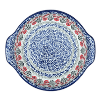 A picture of a Polish Pottery Baker, Round Handles, 10.25" in "Red Aster" by Ceramika Artystyczna | A417-1435X as shown at PolishPotteryOutlet.com/products/10-25-round-baker-with-handles-red-aster-a417-1435x