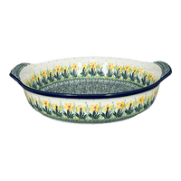 A picture of a Polish Pottery Round Baker with Handles (Daffodils in Bloom) | A417-2122X as shown at PolishPotteryOutlet.com/products/round-baker-with-handles-daffodils-in-bloom-a417-2122x