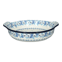 A picture of a Polish Pottery CA 10.25" Round Baker with Handles (Pansy Blues) | A417-2346X as shown at PolishPotteryOutlet.com/products/10-25-round-baker-with-handles-pansy-blues-a417-2346x