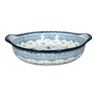 A picture of a Polish Pottery Baker, Round Handles, 10.25" in "Koi Pond" by Ceramika Artystyczna | A417-2372X as shown at PolishPotteryOutlet.com/products/10-25-round-baker-with-handles-koi-pond-a417-2372x