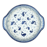 A picture of a Polish Pottery CA 10.25" Round Baker with Handles (Koi Pond) | A417-2372X as shown at PolishPotteryOutlet.com/products/10-25-round-baker-with-handles-koi-pond-a417-2372x