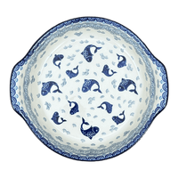 A picture of a Polish Pottery Baker, Round Handles, 10.25" in "Koi Pond" by Ceramika Artystyczna | A417-2372X as shown at PolishPotteryOutlet.com/products/10-25-round-baker-with-handles-koi-pond-a417-2372x