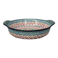 A picture of a Polish Pottery Round Baker with Handles (Garden Trellis) | A417-U2123 as shown at PolishPotteryOutlet.com/products/round-baker-with-handles-garden-trellis-a417-u2123