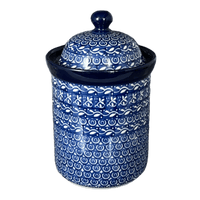 A picture of a Polish Pottery 1 Liter Canister (Wavy Blues) | A491-905X as shown at PolishPotteryOutlet.com/products/1-liter-canister-wavy-blues-a491-905x