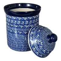 A picture of a Polish Pottery 1 Liter Canister (Wavy Blues) | A491-905X as shown at PolishPotteryOutlet.com/products/1-liter-canister-wavy-blues-a491-905x