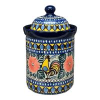 A picture of a Polish Pottery CA 1 Liter Canister (Regal Roosters) | A491-U2617 as shown at PolishPotteryOutlet.com/products/1-liter-canister-regal-roosters-a491-u2617