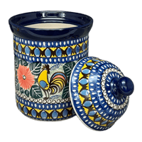 A picture of a Polish Pottery 1 Liter Canister (Regal Roosters) | A491-U2617 as shown at PolishPotteryOutlet.com/products/1-liter-canister-regal-roosters-a491-u2617
