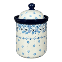 A picture of a Polish Pottery CA 1.3 Liter Canister (Pansy Blues) | A492-2346X as shown at PolishPotteryOutlet.com/products/1-3-liter-canister-pansy-blues-a492-2346x