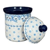 A picture of a Polish Pottery 1.3 Liter Canister (Pansy Blues) | A492-2346X as shown at PolishPotteryOutlet.com/products/1-3-liter-canister-pansy-blues-a492-2346x