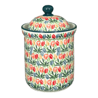 A picture of a Polish Pottery CA 1.3 Liter Canister (Tulip Burst) | A492-U4226 as shown at PolishPotteryOutlet.com/products/1-3-liter-canister-tulip-burst-a492-u4226