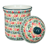 A picture of a Polish Pottery CA 1.3 Liter Canister (Tulip Burst) | A492-U4226 as shown at PolishPotteryOutlet.com/products/1-3-liter-canister-tulip-burst-a492-u4226
