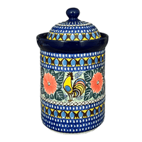 A picture of a Polish Pottery CA 1.5 Liter Canister (Regal Roosters) | A493-U2617 as shown at PolishPotteryOutlet.com/products/1-5-liter-canister-regal-roosters-a493-u2617