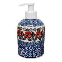 A picture of a Polish Pottery CA 5.5" Soap Dispenser (Rosie's Garden) | A573-1490X as shown at PolishPotteryOutlet.com/products/5-5-soap-dispenser-rosies-garden-a573-1490x