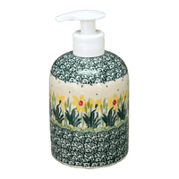 A picture of a Polish Pottery CA 5.5" Soap Dispenser (Daffodils in Bloom) | A573-2122X as shown at PolishPotteryOutlet.com/products/5-5-soap-dispenser-daffodils-in-bloom-a573-2122x