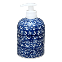 A picture of a Polish Pottery 5.5" Soap Dispenser (Wavy Blues) | A573-905X as shown at PolishPotteryOutlet.com/products/5-5-soap-dispenser-wavy-blues-a573-905x