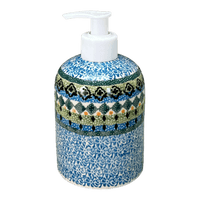 A picture of a Polish Pottery Soap Dispenser (Aztec Blues) | A573-U4428 as shown at PolishPotteryOutlet.com/products/soap-dispenser-aztec-blues-a573-u4428