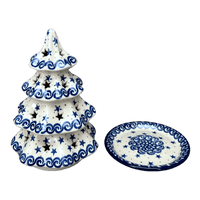 A picture of a Polish Pottery 8" Tall Christmas Tree Luminary (Starry Sea) | A602-454C as shown at PolishPotteryOutlet.com/products/8-tall-christmas-tree-luminary-starry-sea-a602-454c