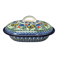 A picture of a Polish Pottery Small Covered Casserole (Blue Rooster) | A617-U2704 as shown at PolishPotteryOutlet.com/products/small-covered-casserole-blue-rooster-a617-u2704