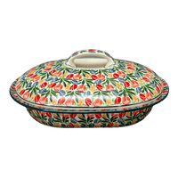 A picture of a Polish Pottery CA 10" x 7.75" Small Covered Casserole (Tulip Burst) | A617-U4226 as shown at PolishPotteryOutlet.com/products/10-x-7-75-small-covered-casserole-tulip-burst-a617-u4226