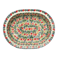 A picture of a Polish Pottery CA 10" x 7.75" Small Covered Casserole (Tulip Burst) | A617-U4226 as shown at PolishPotteryOutlet.com/products/10-x-7-75-small-covered-casserole-tulip-burst-a617-u4226