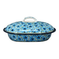 A picture of a Polish Pottery Small Covered Casserole (Bachelor Button Bouquet) | A617-U4929 as shown at PolishPotteryOutlet.com/products/small-covered-casserole-bachelor-button-bouquet-a617-u4929