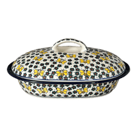 A picture of a Polish Pottery CA 10" x 7.75" Small Covered Casserole (Busy Bee) | A617-U9966 as shown at PolishPotteryOutlet.com/products/small-covered-casserole-busy-bee-a617-u9966
