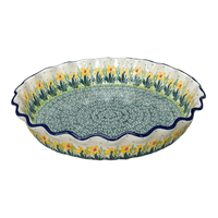 A picture of a Polish Pottery 10" Quiche/Pie Dish (Daffodils in Bloom) | A636-2122X as shown at PolishPotteryOutlet.com/products/10-quiche-pie-dish-daffodils-in-bloom-a636-2122x