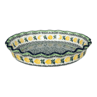 A picture of a Polish Pottery CA 10" Quiche/Pie Dish (Lemons and Leaves) | A636-2749X as shown at PolishPotteryOutlet.com/products/10-quiche-pie-dish-lemons-and-leaves-a636-2749x