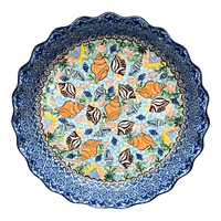 A picture of a Polish Pottery CA Bundt Cake Pan (Peacock Plume) | AA55-2218X as shown at PolishPotteryOutlet.com/products/bundt-cake-pan-peacock-plume-aa55-2218x
