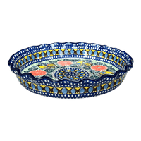A picture of a Polish Pottery CA 10" Quiche/Pie Dish (Regal Roosters) | A636-U2617 as shown at PolishPotteryOutlet.com/products/10-quiche-pie-dish-regal-roosters-a636-u2617