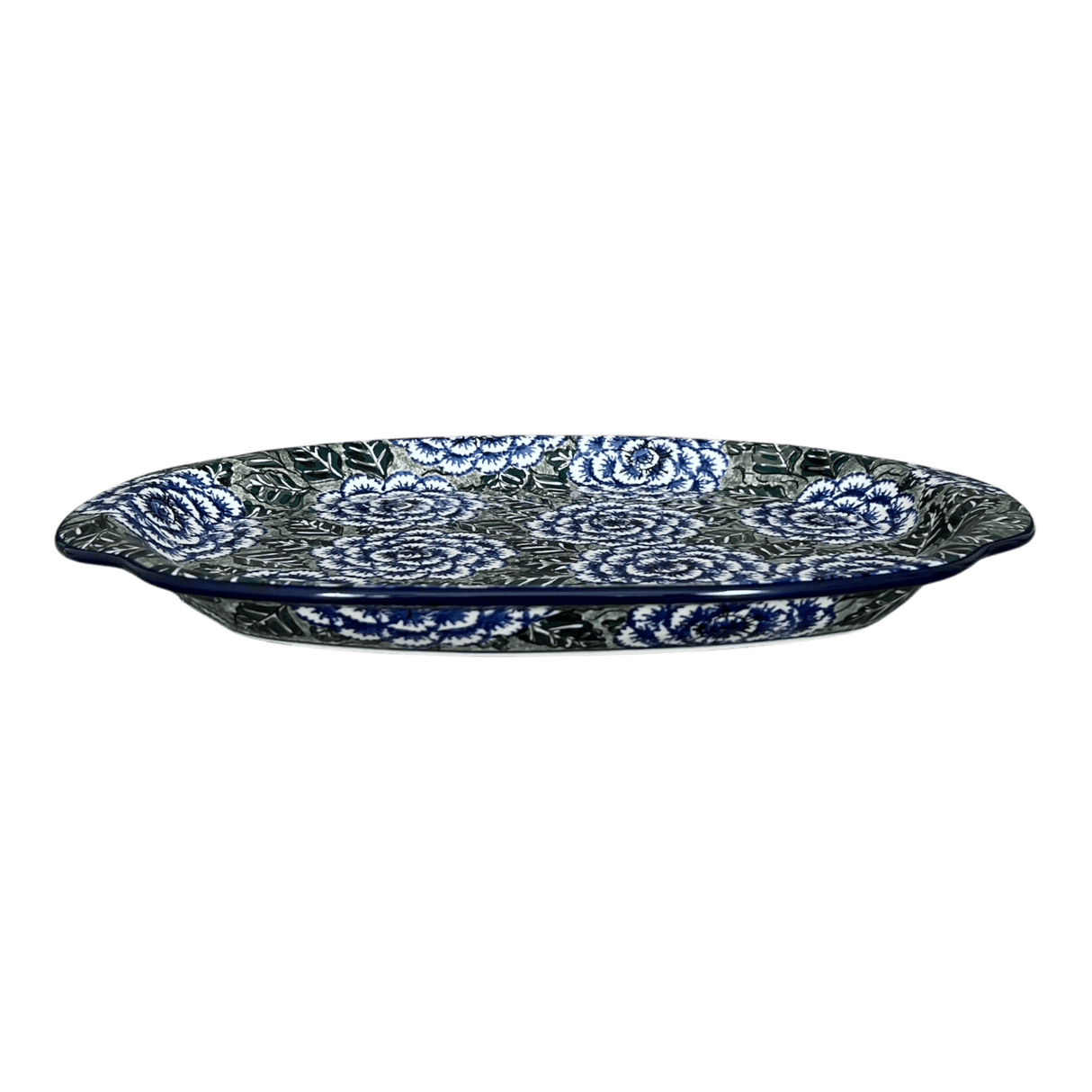 Tray, Oval, Handles, 10.75" x 15.25" in "Blue Dahlia" by Ceramika Artystyczna | A684-U1473