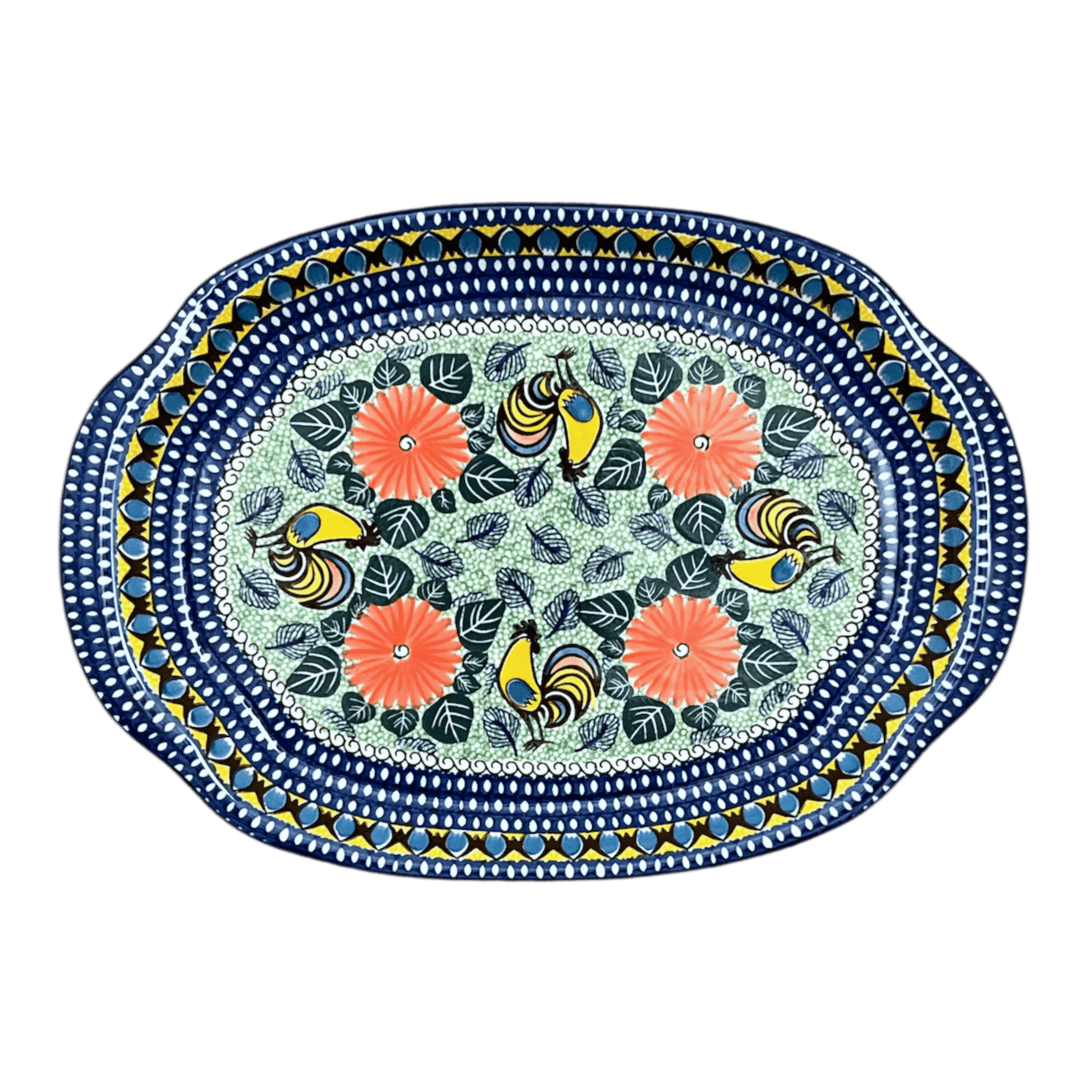 Tray, Oval, Handles, 10.75" x 15.25" in "Regal Roosters" by Ceramika Artystyczna | A684-U2617