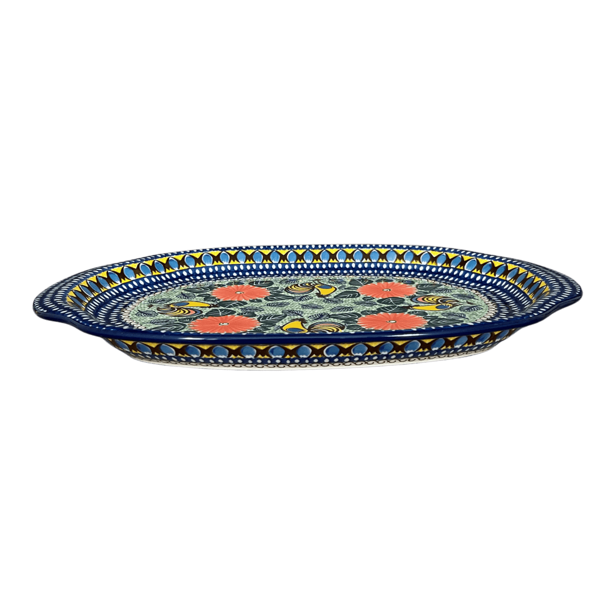 Tray, Oval, Handles, 10.75" x 15.25" in "Regal Roosters" by Ceramika Artystyczna | A684-U2617