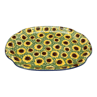 A picture of a Polish Pottery CA 10.75" x 15.25" Oval Tray with Handles (Sunflower Fields) | A684-U4737 as shown at PolishPotteryOutlet.com/products/oval-tray-with-handles-sunflower-fields-a684-u4737
