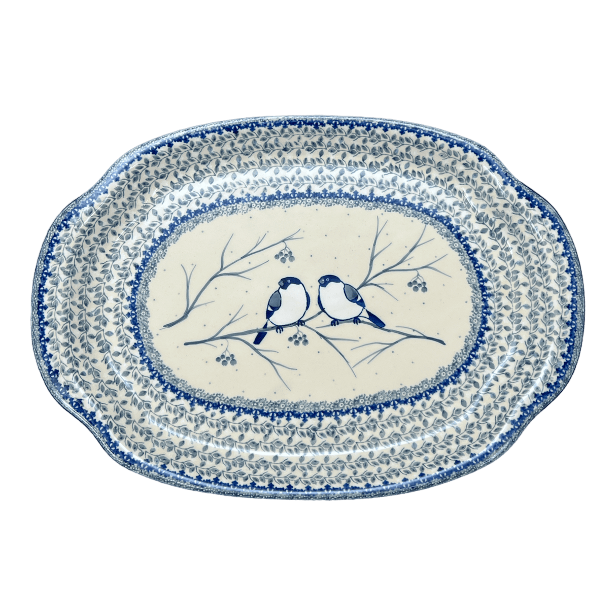 Tray, Oval, Handles, 10.75" x 15.25" in "Bullfinch on Blue" by Ceramika Artystyczna | A684-U4830