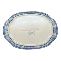 A picture of a Polish Pottery CA 10.75" x 15.25" Oval Tray with Handles (Bullfinch on Blue) | A684-U4830 as shown at PolishPotteryOutlet.com/products/10-75-x-15-25-oval-tray-with-handles-bullfinch-on-blue-a684-u4830