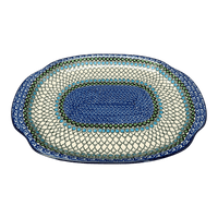 A picture of a Polish Pottery CA 10.75" x 15.25" Oval Tray with Handles (Mediterranean Waves) | A684-U72 as shown at PolishPotteryOutlet.com/products/oval-tray-with-handles-mediterranean-waves-a684-u72