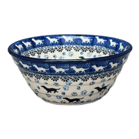 A picture of a Polish Pottery CA 5.5" Ridged Bowl (Wiener Dog Delight) | A696-2151X as shown at PolishPotteryOutlet.com/products/5-5-ridged-bowl-wiener-dog-delight-a696-2151x
