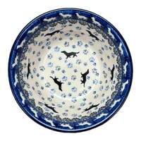 A picture of a Polish Pottery CA 5.5" Ridged Bowl (Wiener Dog Delight) | A696-2151X as shown at PolishPotteryOutlet.com/products/5-5-ridged-bowl-wiener-dog-delight-a696-2151x