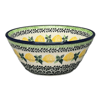 A picture of a Polish Pottery CA 5.5" Ridged Bowl (Lemons and Leaves) | A696-2749X as shown at PolishPotteryOutlet.com/products/5-5-ridged-bowl-lemons-and-leaves-a696-2749x