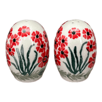 A picture of a Polish Pottery Small Salt & Pepper Set (Red Aster) | A735S-1435X as shown at PolishPotteryOutlet.com/products/small-salt-pepper-set-red-aster-a735s-1435x